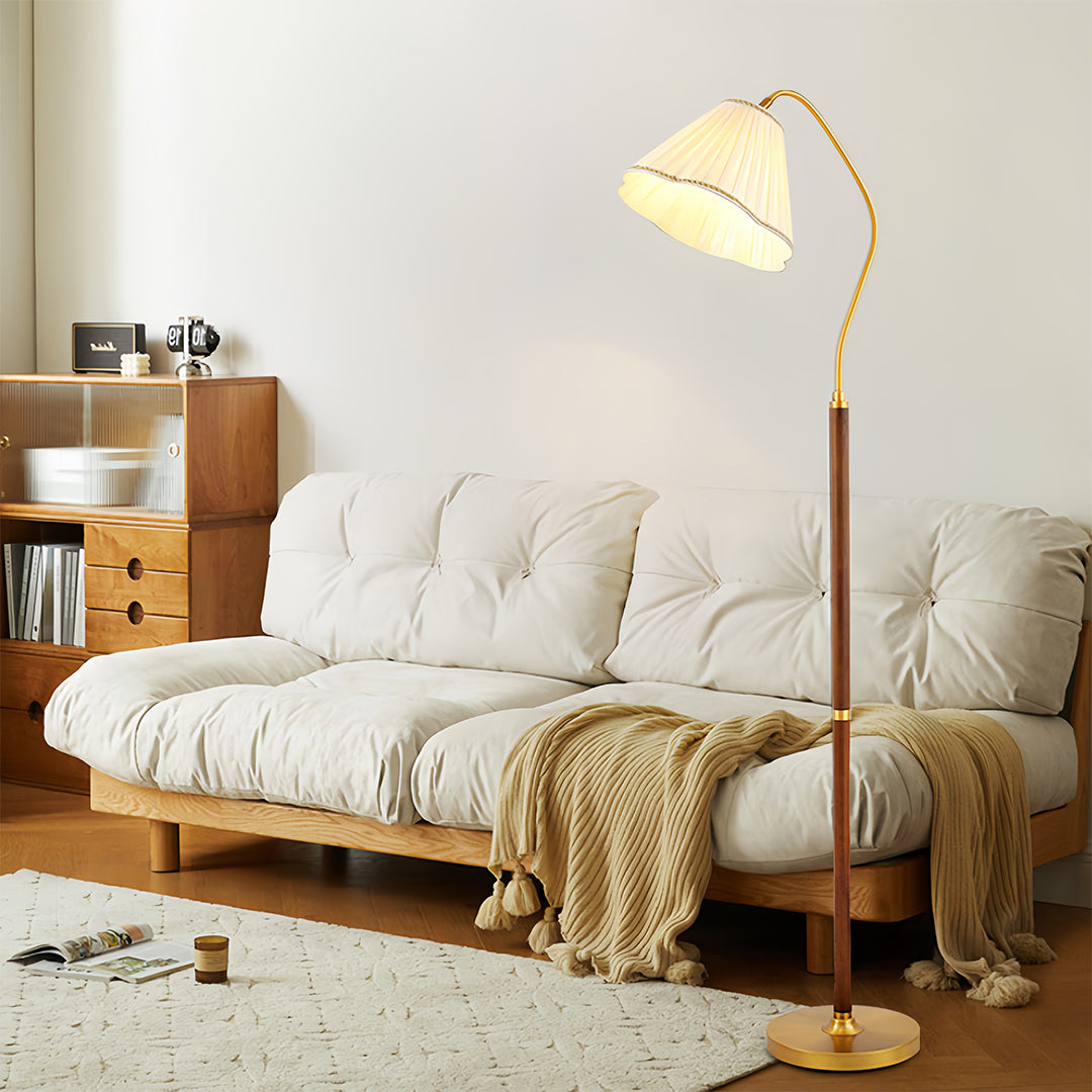 Elegant Walnut Floor Lamp with Retro Fabric Shade for Living Room Decor
