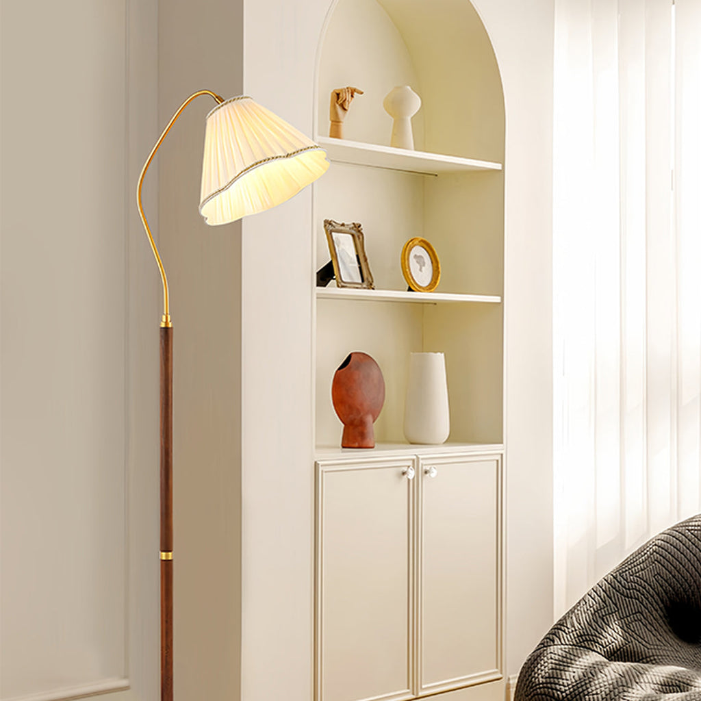 Elegant Walnut Floor Lamp with Retro Fabric Shade for Living Room Decor