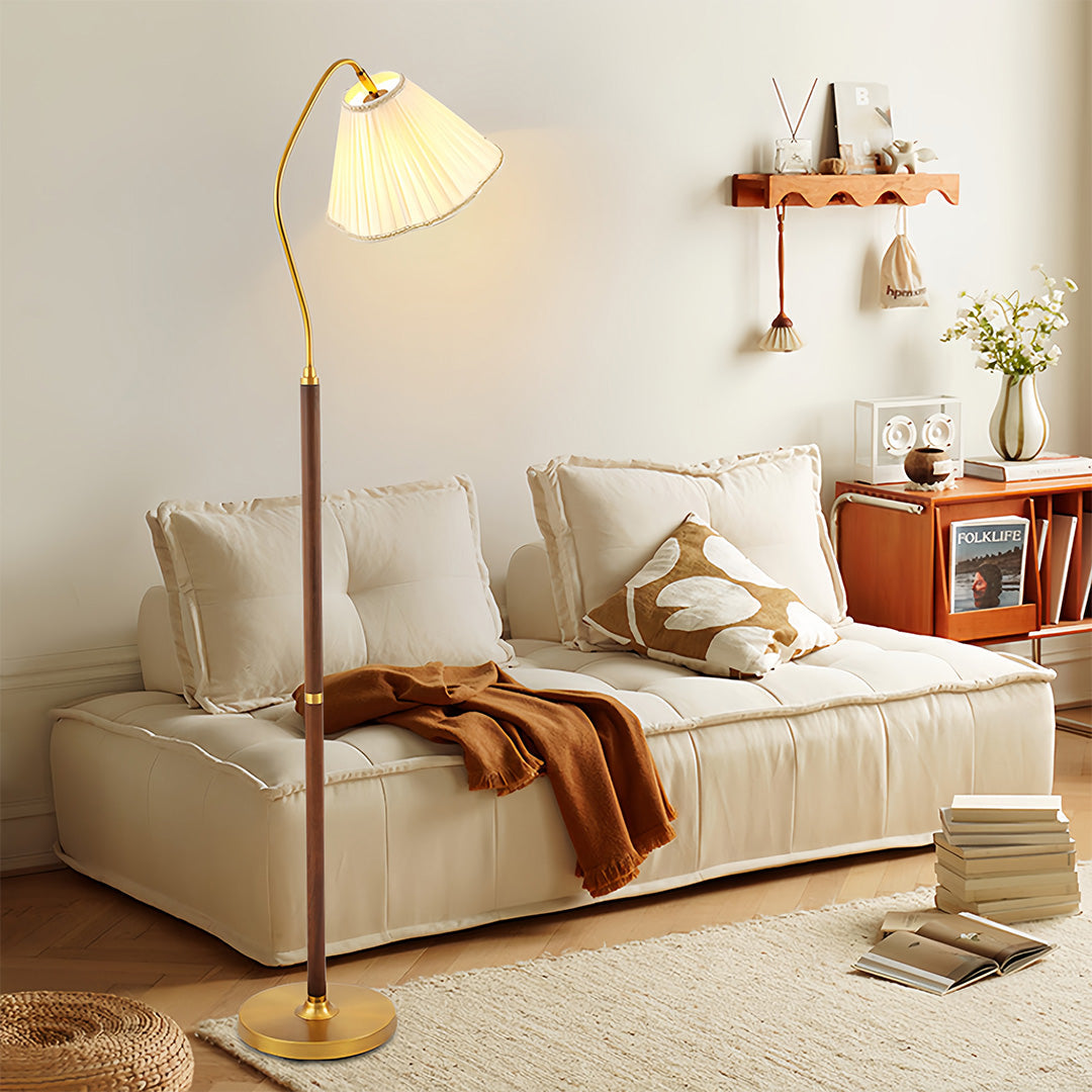 Elegant Walnut Floor Lamp with Retro Fabric Shade for Living Room Decor