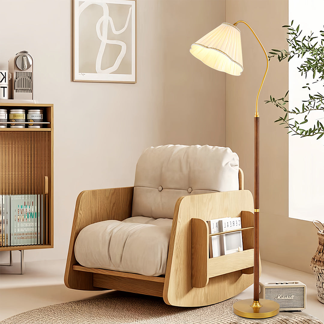 Elegant Walnut Floor Lamp with Retro Fabric Shade for Living Room Decor
