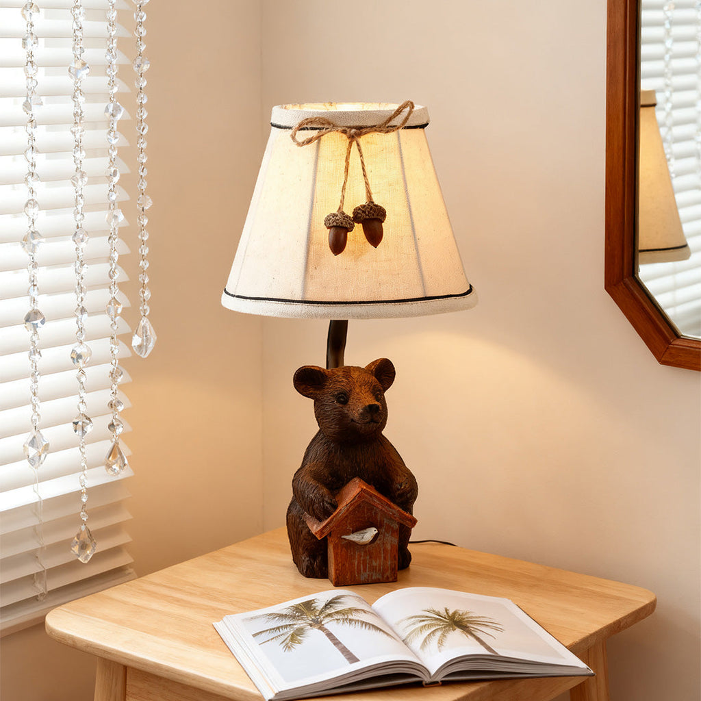 Charming European-Style Bear Table Lamp with Fabric Shade for Bedroom