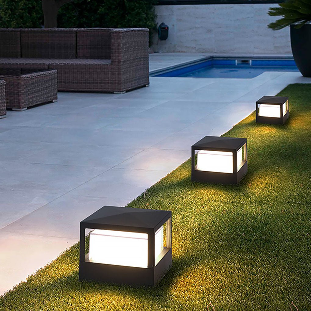 Modern Black Square Pillar Outdoor Lamp with Double-Layered Light Blocking