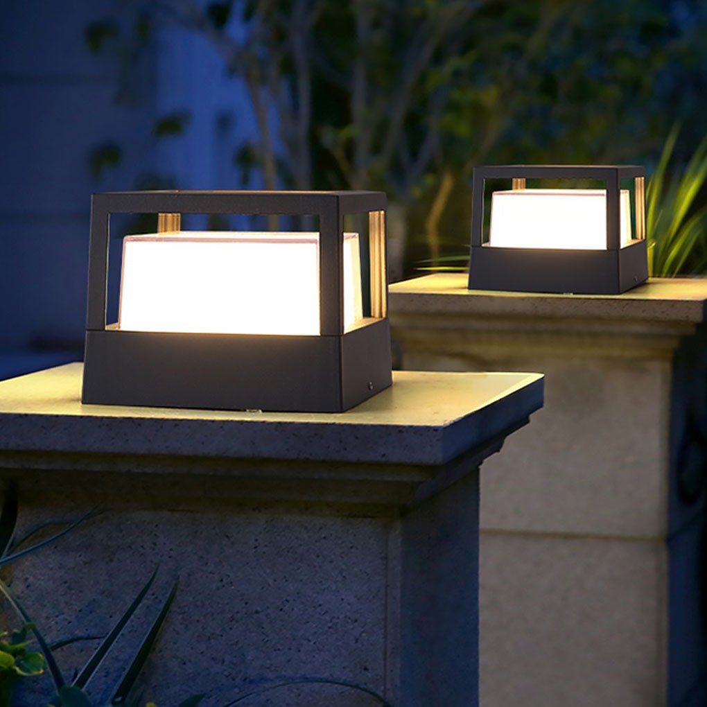 Modern Black Square Pillar Outdoor Lamp with Double-Layered Light Blocking