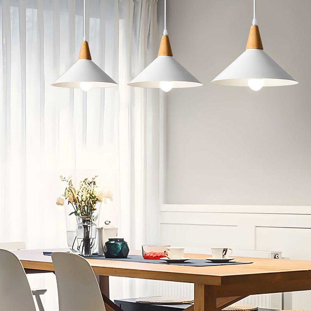 Nordic White Metal Cone Pendant Light with Wood Top for Modern Spaces