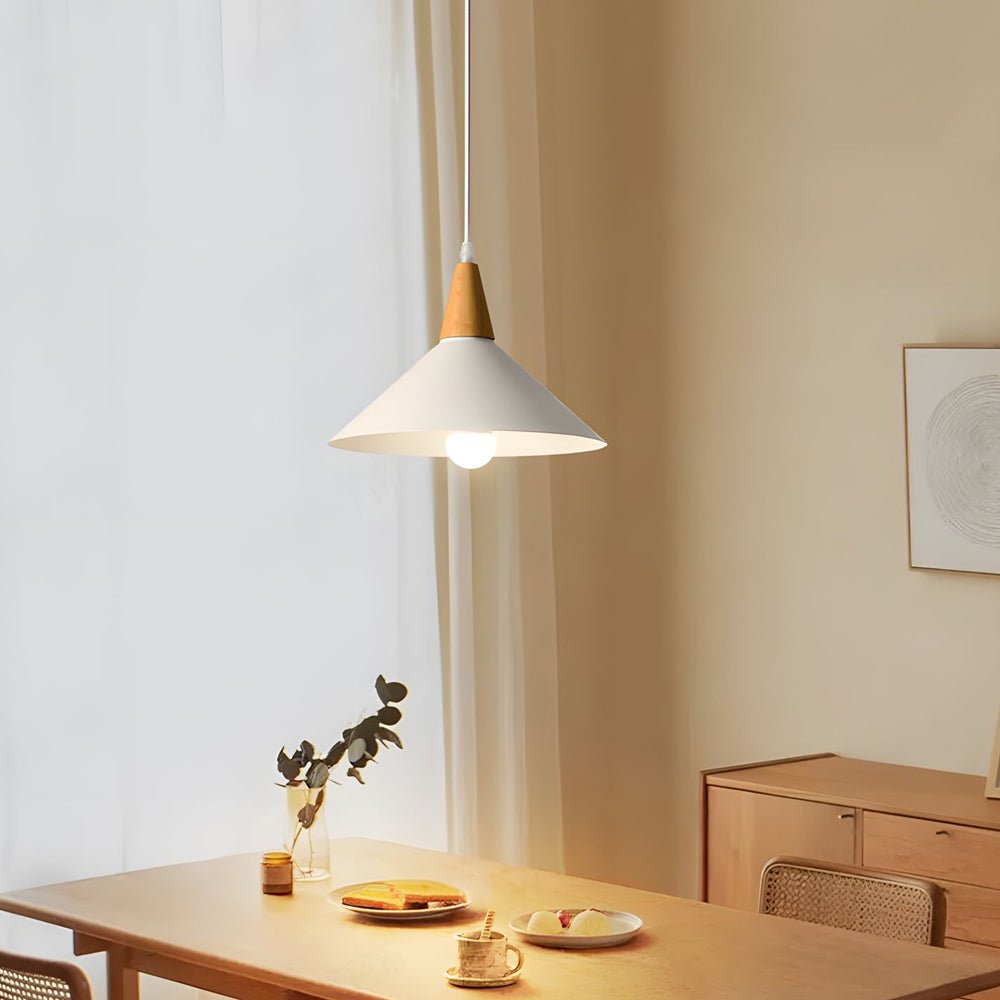 White Metal Cone Pendant Light with Wood Top for Modern Nordic Decor