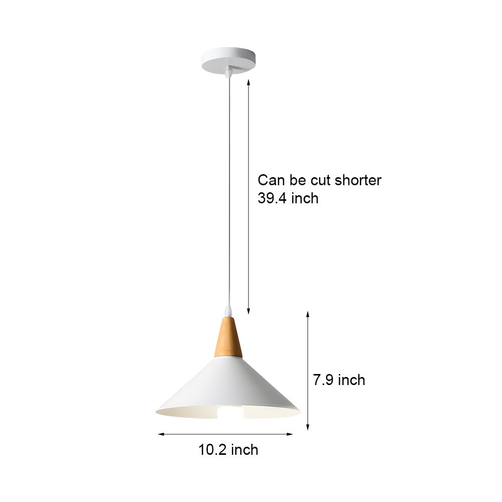 Nordic White Metal Cone Pendant Light with Wood Top for Modern Spaces