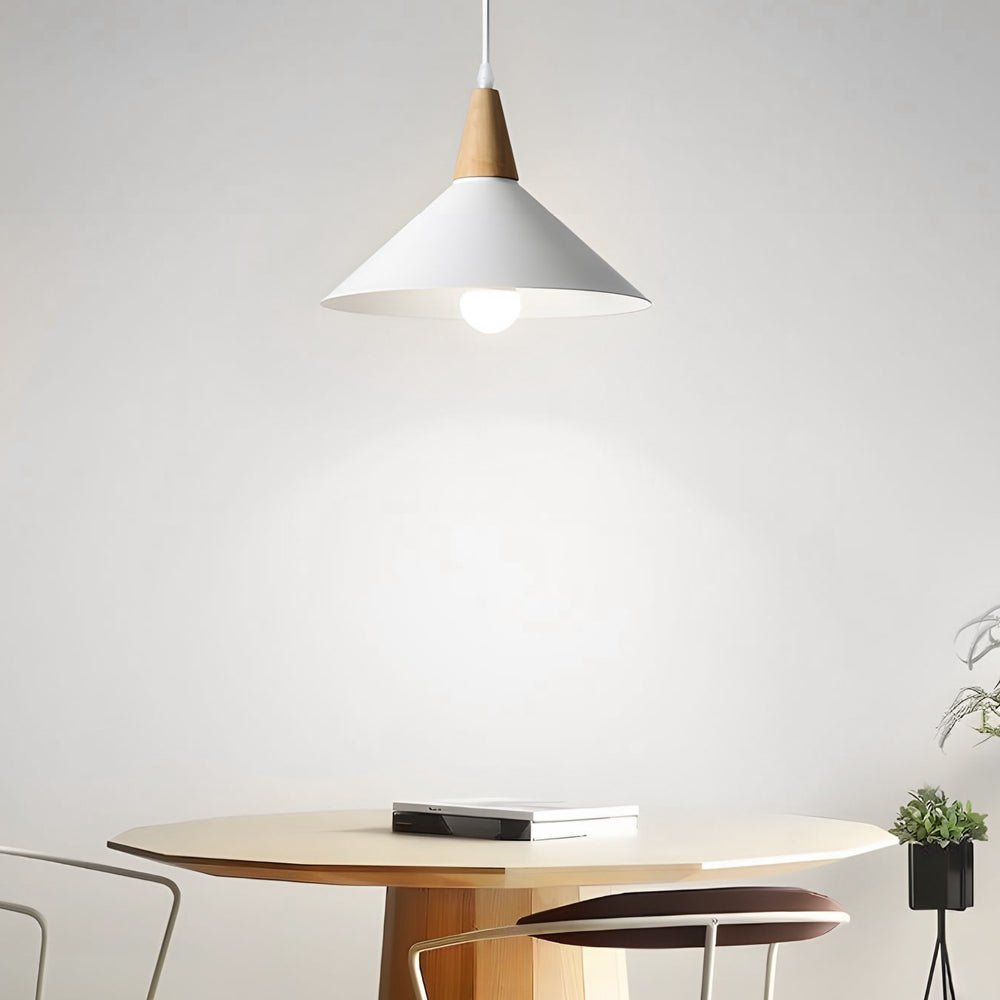Nordic White Metal Cone Pendant Light with Wood Top for Modern Spaces
