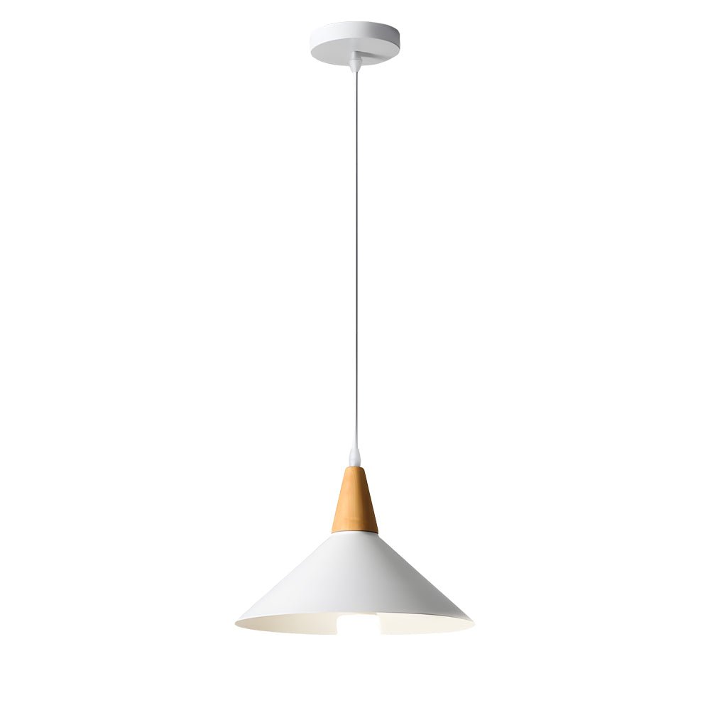 Nordic White Metal Cone Pendant Light with Wood Top for Modern Spaces