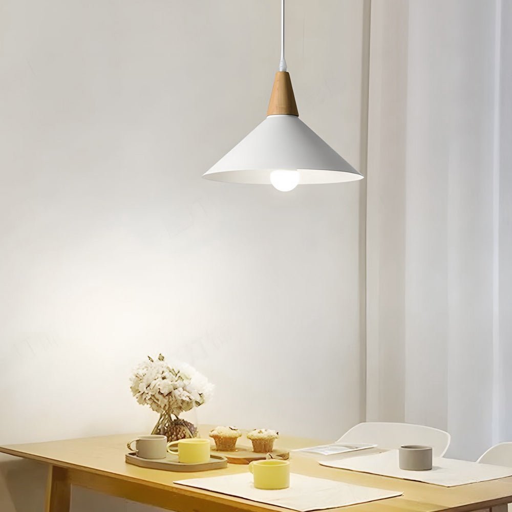 Nordic White Metal Cone Pendant Light with Wood Top for Modern Spaces