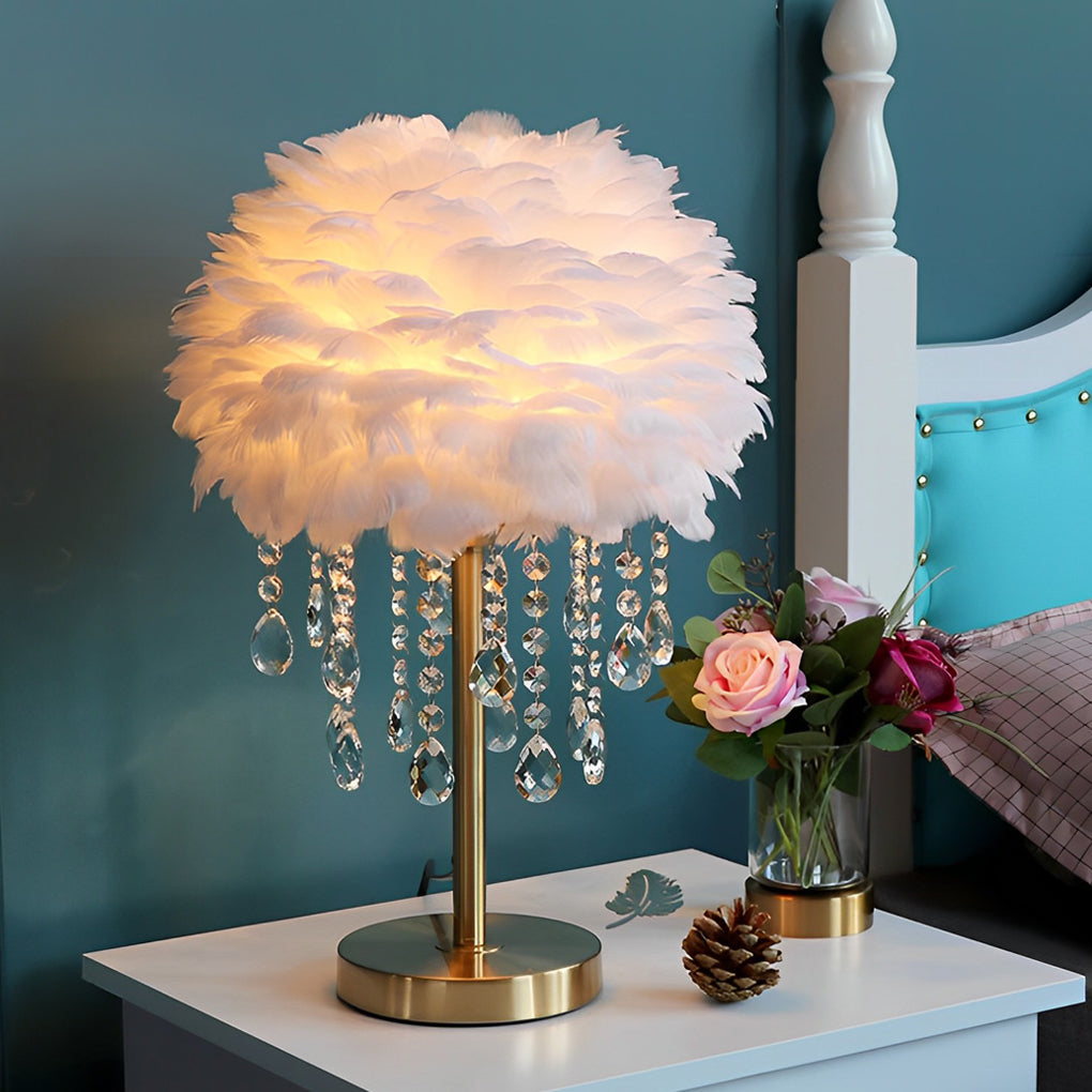 Modern White Feather LED Crystal Table Lamp for Bedroom Living Room