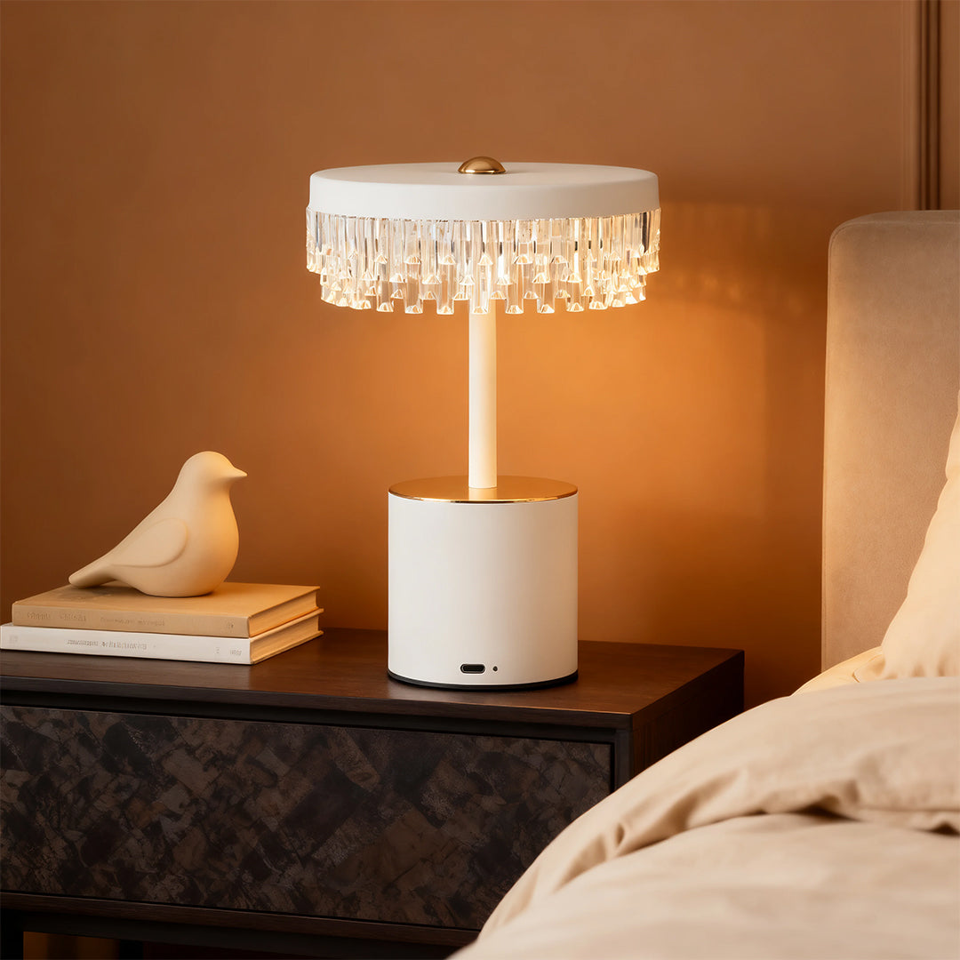 Minimalist USB Charging Fringe Table Lamp in White Metal for Bedroom