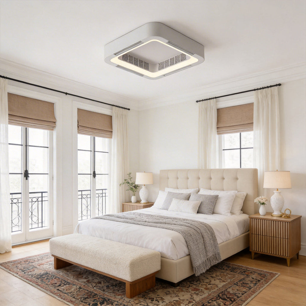 Sleek White Bladeless Ceiling Fan with LED Light for Modern Living Rooms