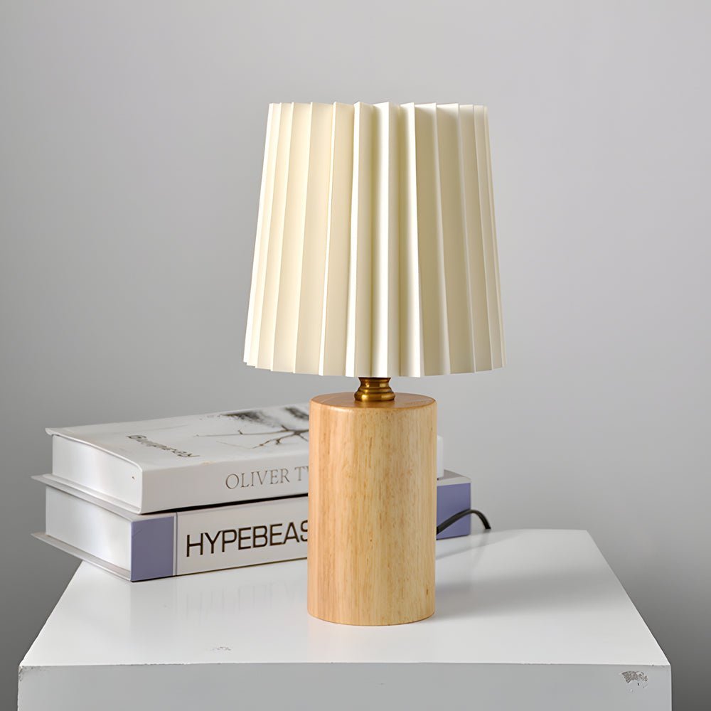 Rustic Wood Column Table Lamp with Stylish Pleated Empire Shade for Living Room