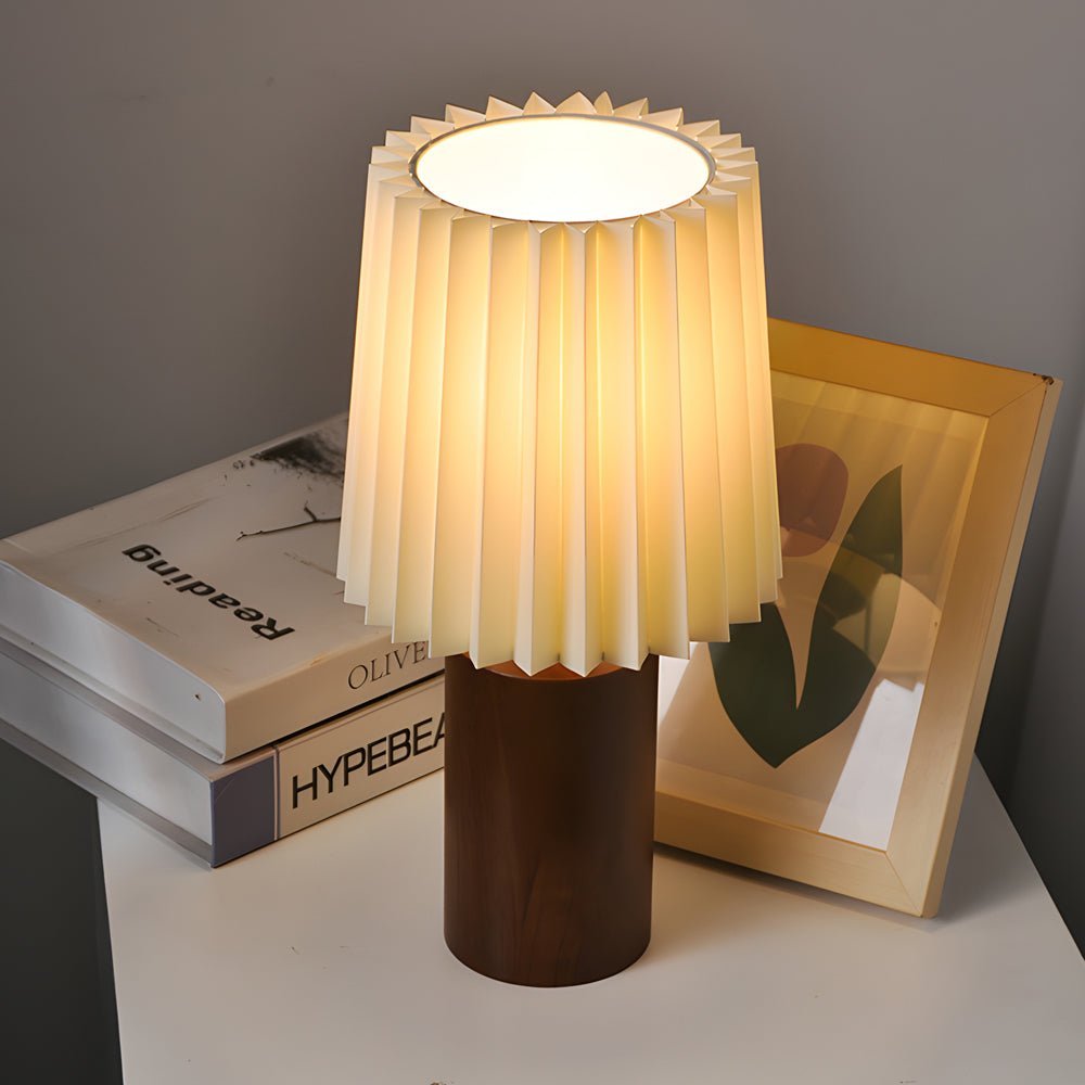 Rustic Wood Column Table Lamp with Stylish Pleated Empire Shade for Living Room