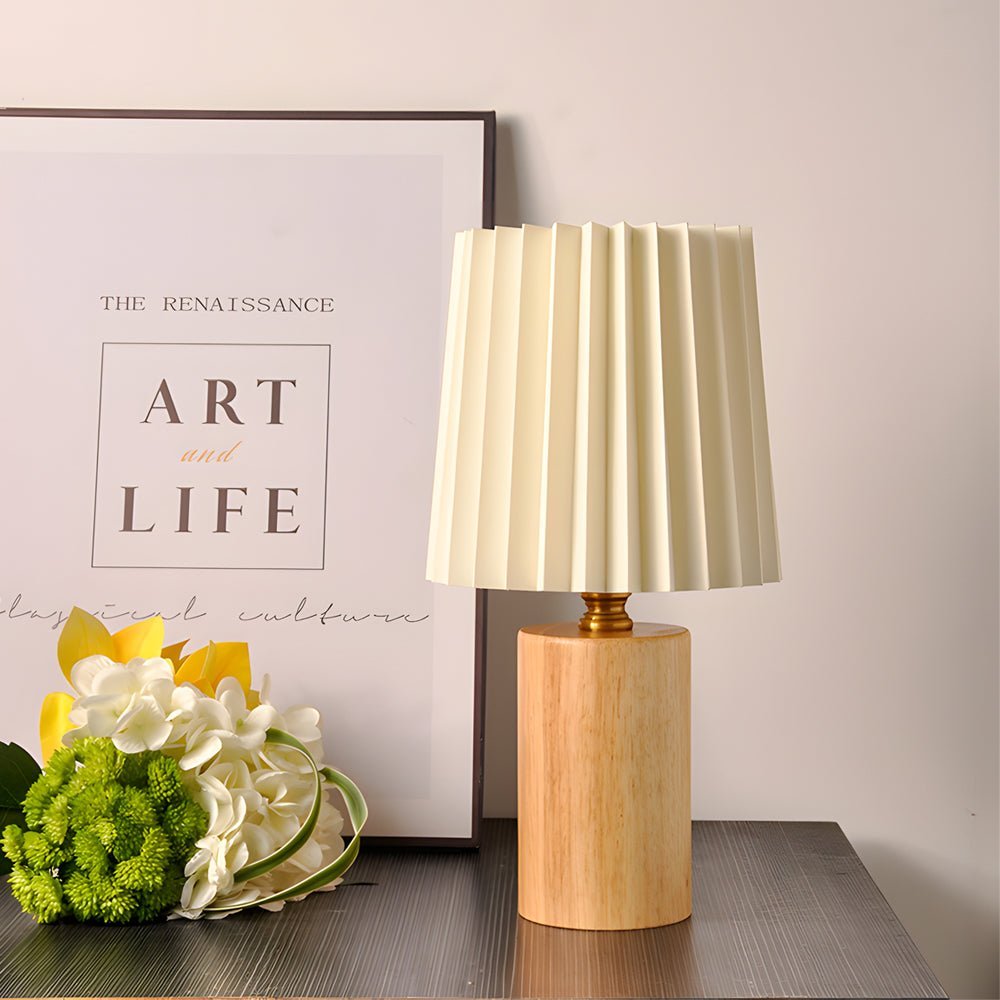 Rustic Wood Column Table Lamp with Stylish Pleated Empire Shade for Living Room