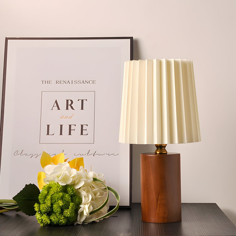 Rustic Wood Column Table Lamp with Stylish Pleated Empire Shade for Living Room