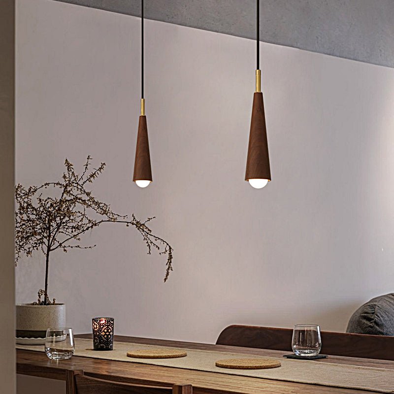 Modern Wood Cone Copper LED Pendant Light for Dining & Living Rooms