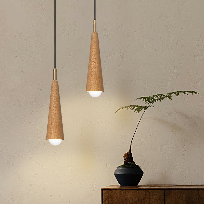 Rustic Wood Cone Copper LED Pendant Light for Modern Dining Room