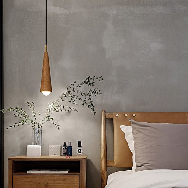 Rustic Wood Cone Copper LED Pendant Light for Modern Dining Room