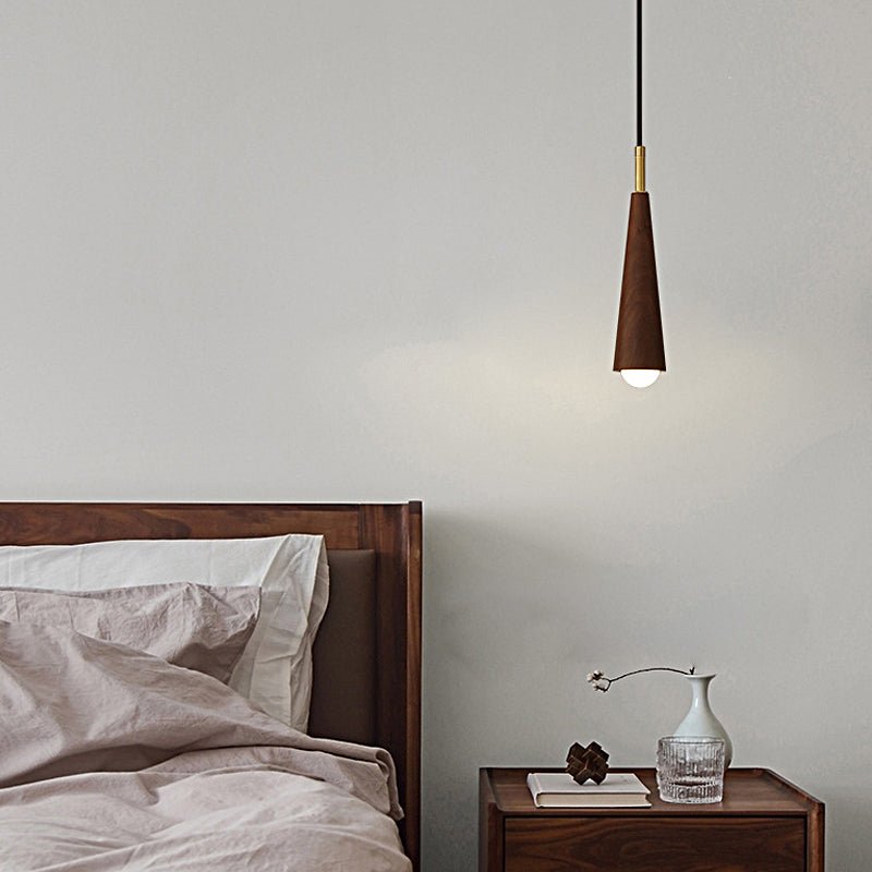 Modern Wood Cone Copper LED Pendant Light for Dining & Living Rooms