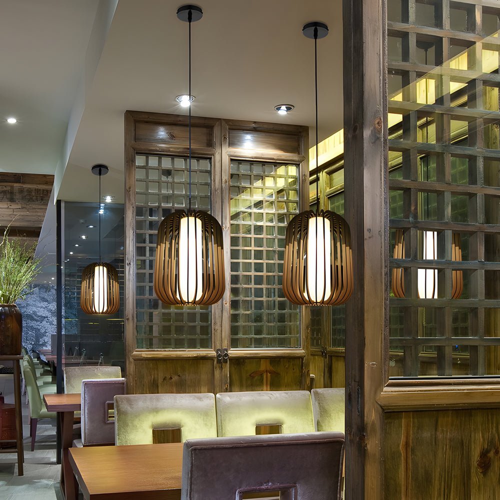 Minimalist Japanese Wood Lantern LED Chandelier for Home Decor
