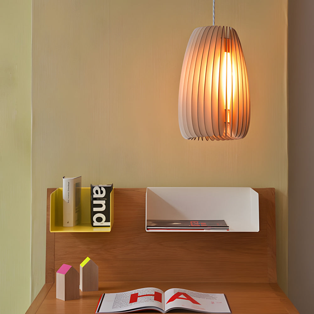 Rustic Handmade Wood Slat LED Pendant Light for Kitchen Dining Room