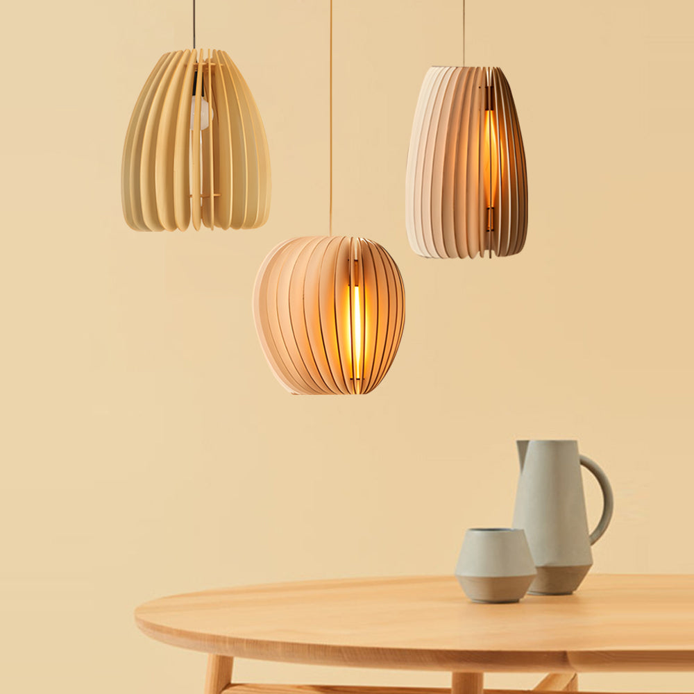 Rustic Wood Slat LED Ceiling Pendant Light for Dining and Living Room