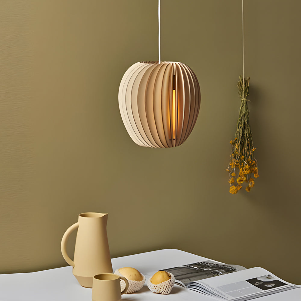 Rustic Handmade Wood Slat LED Pendant Light for Kitchen Dining Room