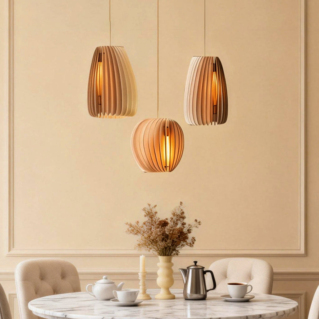 Rustic Wood Slat LED Ceiling Pendant Light for Dining and Living Room