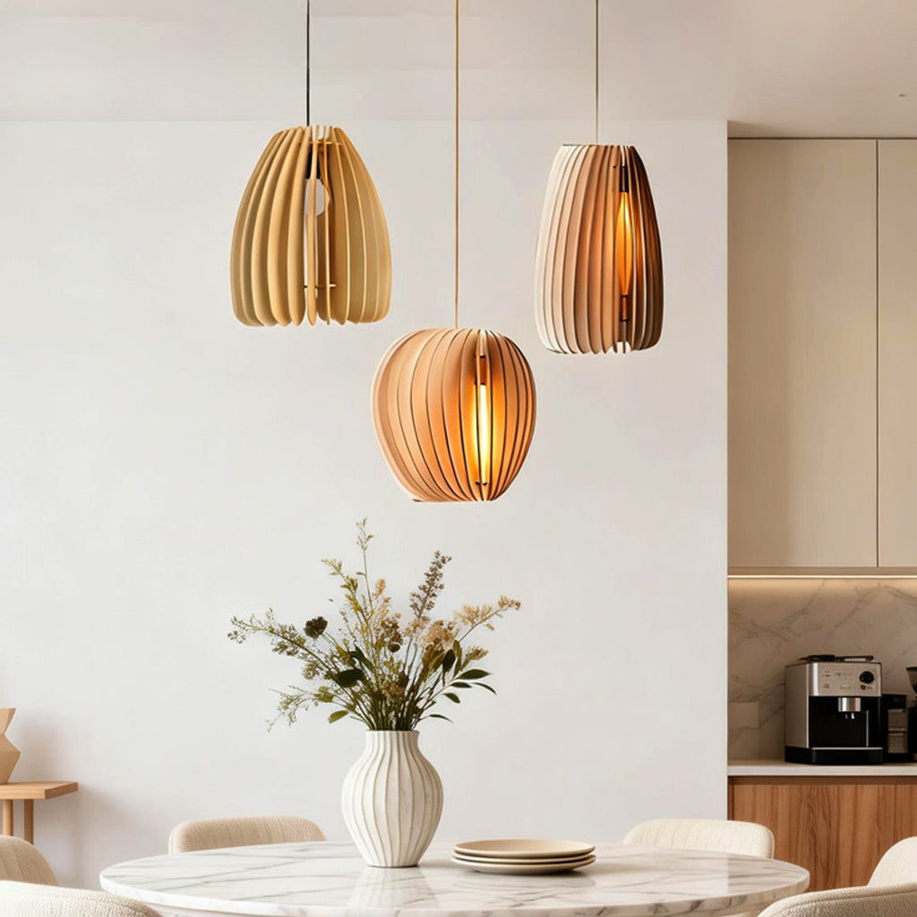 Rustic Handmade Wood Slat LED Pendant Light for Kitchen Dining Room