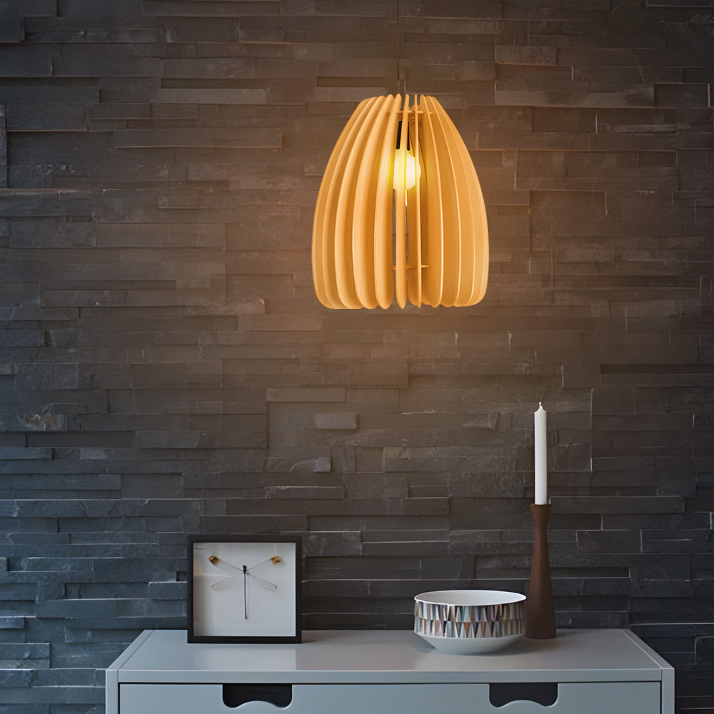 Rustic Handmade Wood Slat LED Pendant Light for Kitchen Dining Room