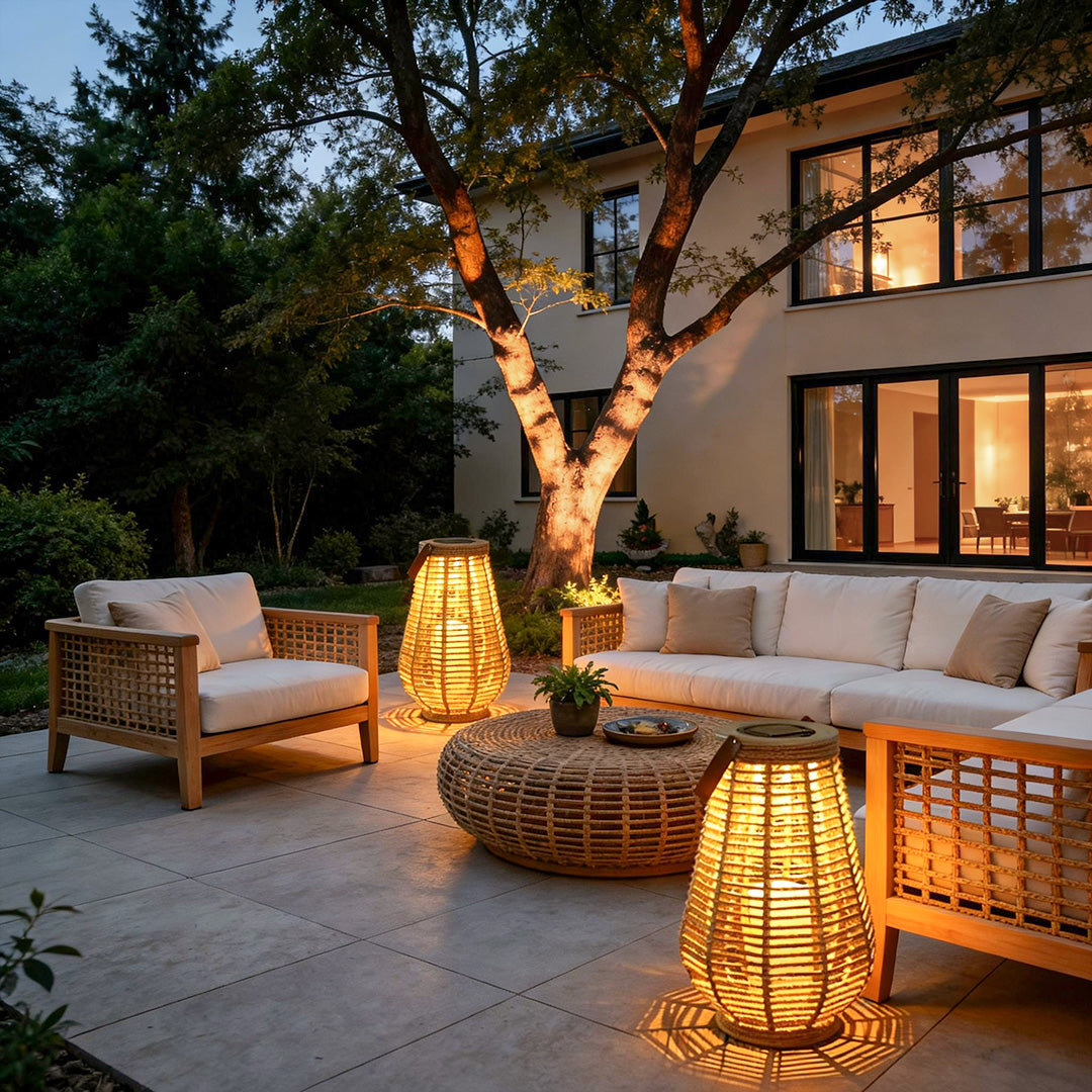 Rustic Rattan Solar LED Hanging Lantern with Waterproof Hemp Rope for Outdoor Use