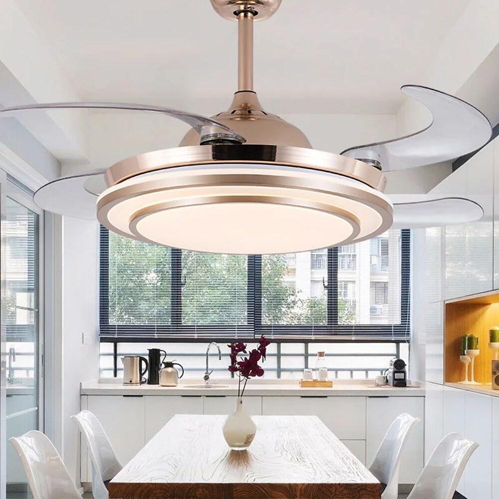 Modern Retractable Gold Chandelier Ceiling Fan with LED Light for Living Room