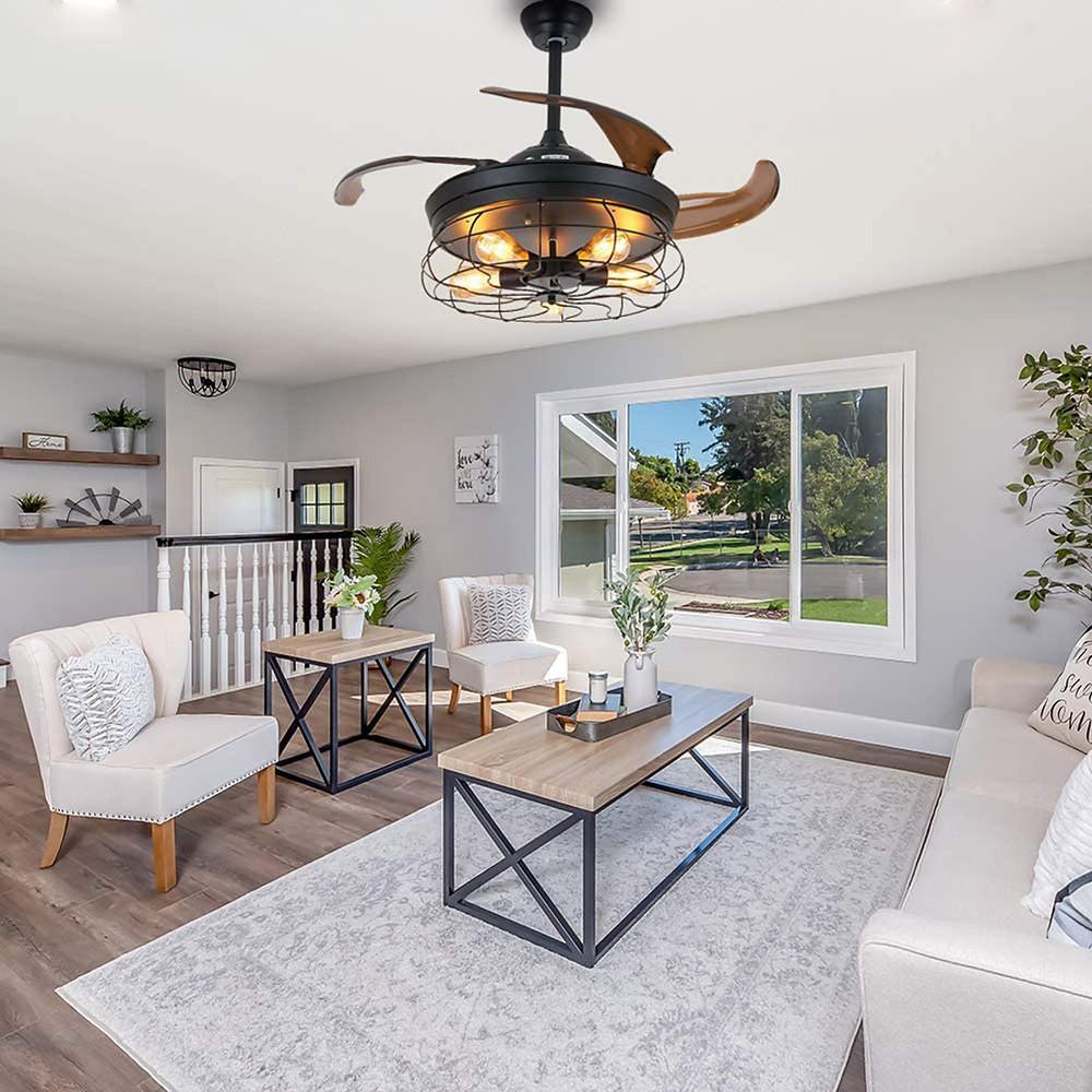 Rustic 3-Blade Retractable Ceiling Fan with Light for Farmhouse Decor