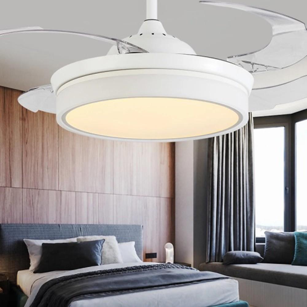 White Retractable Ceiling Fan with 4 Blades and LED Light for Living Room