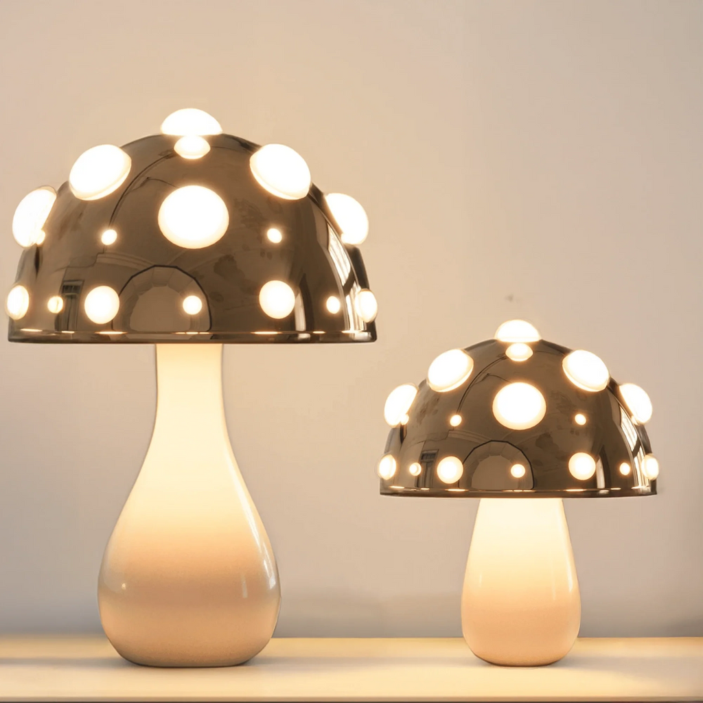 Natural Wood & White Ceramic Mushroom Table Lamp for Cozy Living Space