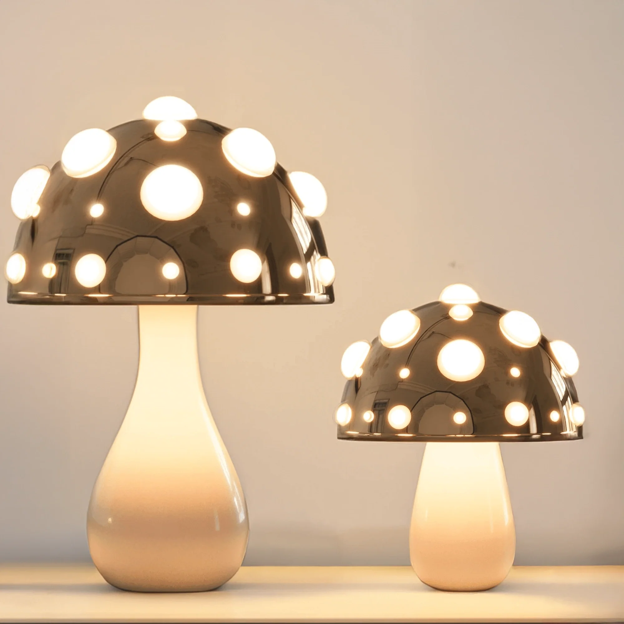 Natural Wood & White Ceramic Mushroom Table Lamp for Cozy Living Space