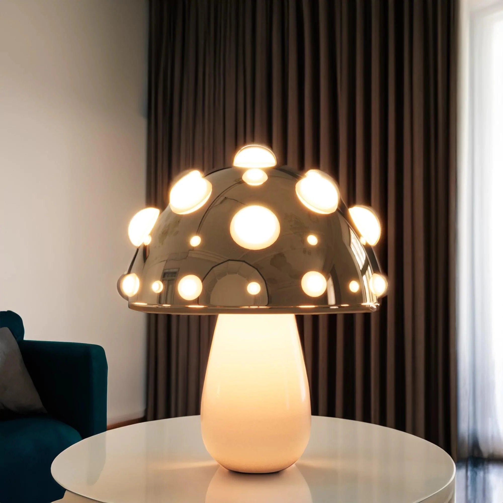 Natural Wood & White Ceramic Mushroom Table Lamp for Cozy Living Space