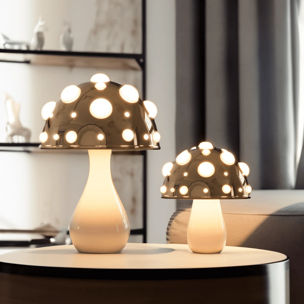 Natural Wood & White Ceramic Mushroom Table Lamp for Cozy Living Space