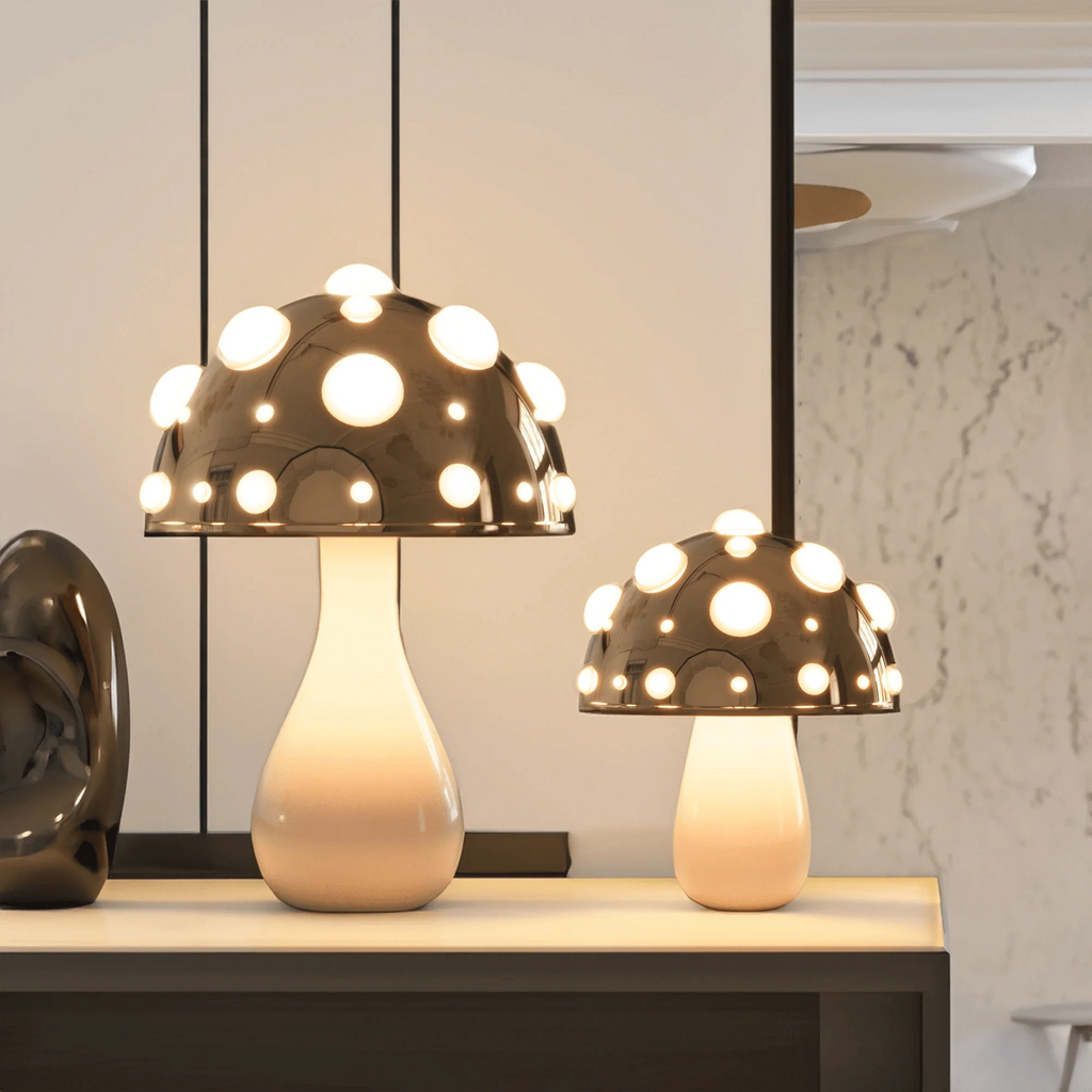 Natural Wood & White Ceramic Mushroom Table Lamp for Cozy Living Space