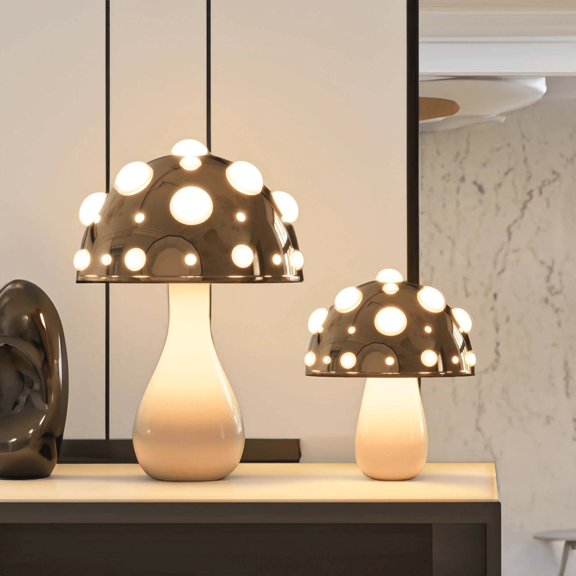 Natural Wood & White Ceramic Mushroom Table Lamp for Cozy Living Space